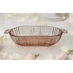Vintage Anchor Hocking Pink Depression Glass Ribbed Oval Candy Dish 7" w/ Handle